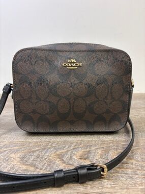 COACH Signature Camera Crossbody Bag Brown Canvas Leather Trim Gold Hardware